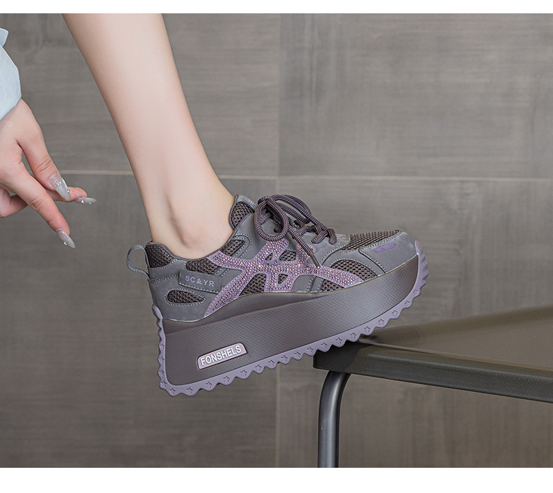 Giày sneaker nữ đế dày phong cách retro dành cho người dáng nhỏ, giày dad hot trend thu 2026, tăng chiều cao — M2933-1 màu xám đính kim cương, M2933 màu đen, M2933 màu nâu, M2933-1 màu đen đính kim cương chi tiết 12