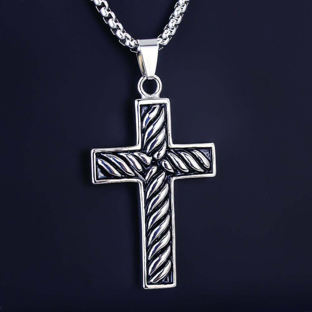 Edelstahl Anhänger Halskette Mit Gestreiftem Kreuz Für Damen_voghion.com