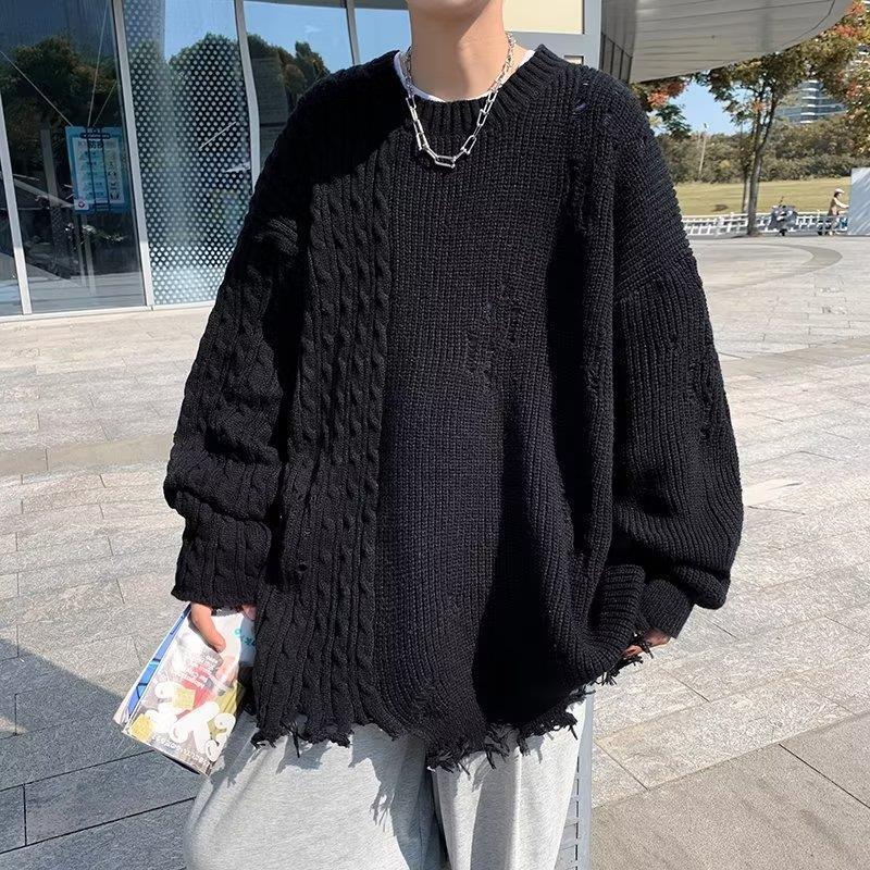 美式街头暗黑系纯色oversize毛衣男士冬季潮牌小众下摆破烂针织衫