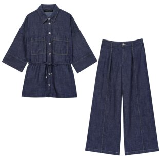 Foreign trade list! Spring new lapel long sleeve with decorative shirt coat wide leg pants pants long pants suit 2885454