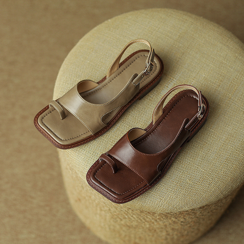 Sandal nữ xỏ ngón cổ điển đế bệt hở mũi — Màu nâu chi tiết 12