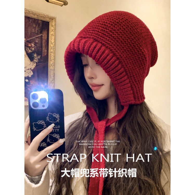 包包帽子女秋冬季慵懒绑带巴拉克拉针织帽甜美保暖护耳百搭毛线帽|undefined