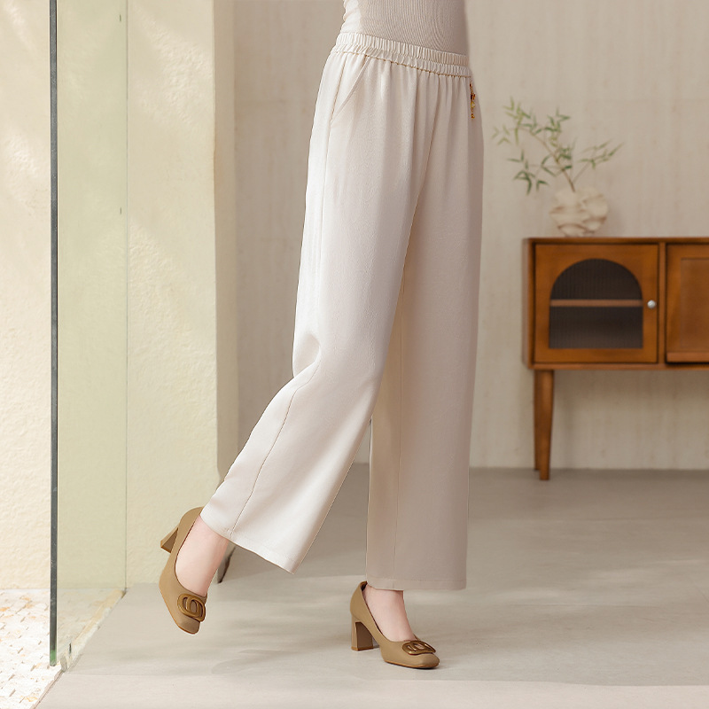 Mom's Summer Acetate Satin Jacquard Pants for Middle-Aged and Elderly Women with Elastic Waist and Straight Legs