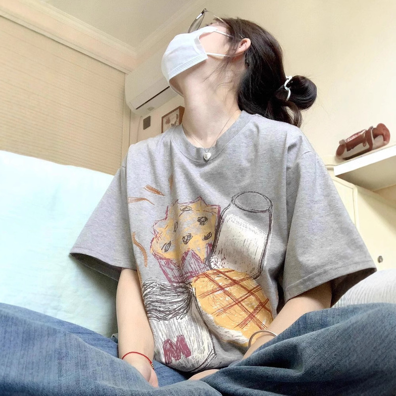 Grey Pure Cotton American Style Retro Shoulder Short-sleeved T-shirt Women's Summer Design Sense Niche Trendy Brand European Half-sleeved Top Grey Pure Cotton American Style Retro Shoulder Short-sleeved T-shirt Women's Summer Design Sense Niche Trendy Brand European Half-sleeved Top