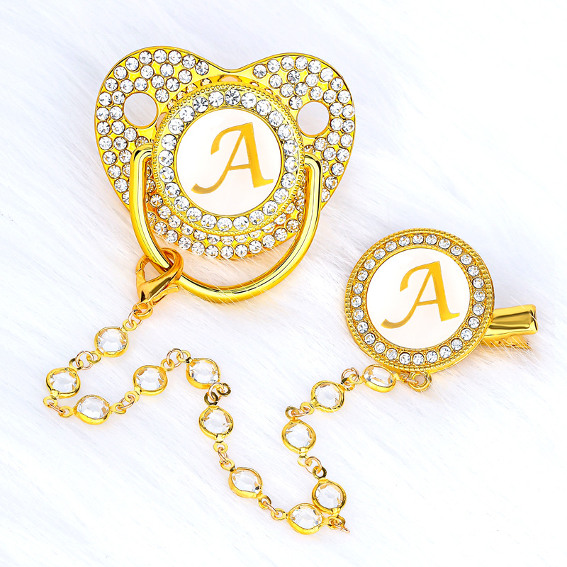 High-grade golden letters with drill baby pacifier point drill baby soothing play mouth with glass beads chain clip
