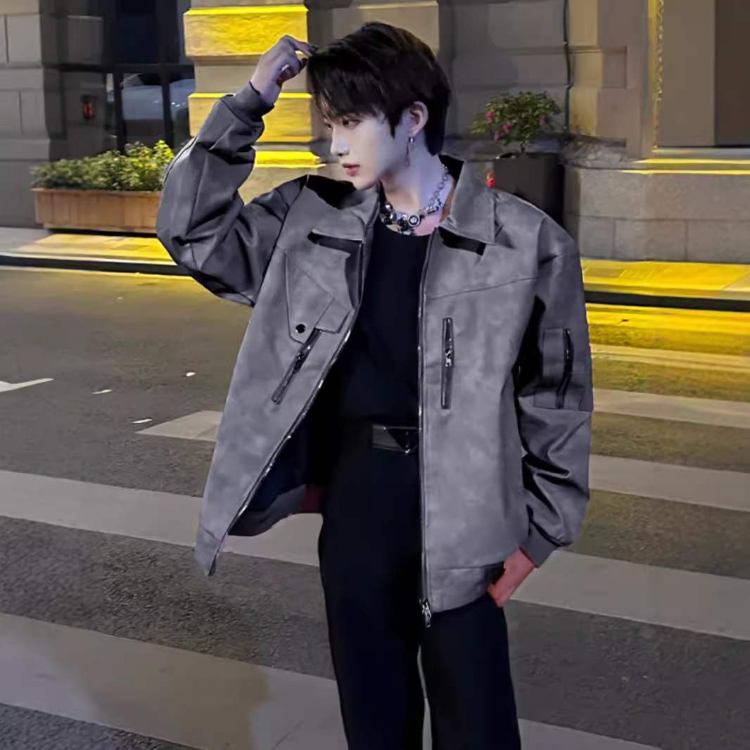 韩式男装高级感外套短款潮牌vintage美式皮衣夹克痞帅机车服春秋