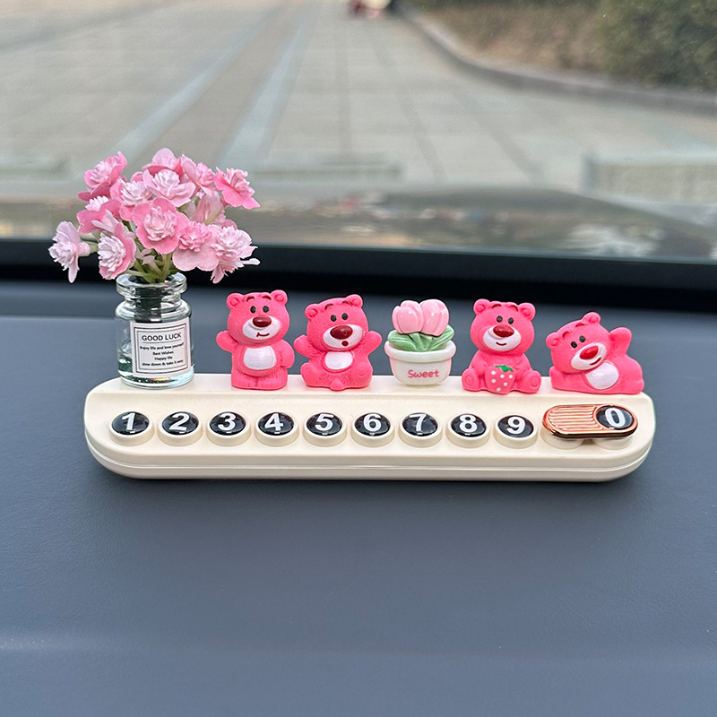 Placa de estacionamiento 2025 nuevo lindo oso de fresa coche tarjeta telefónica accesorios de automóviles adornos de mujer