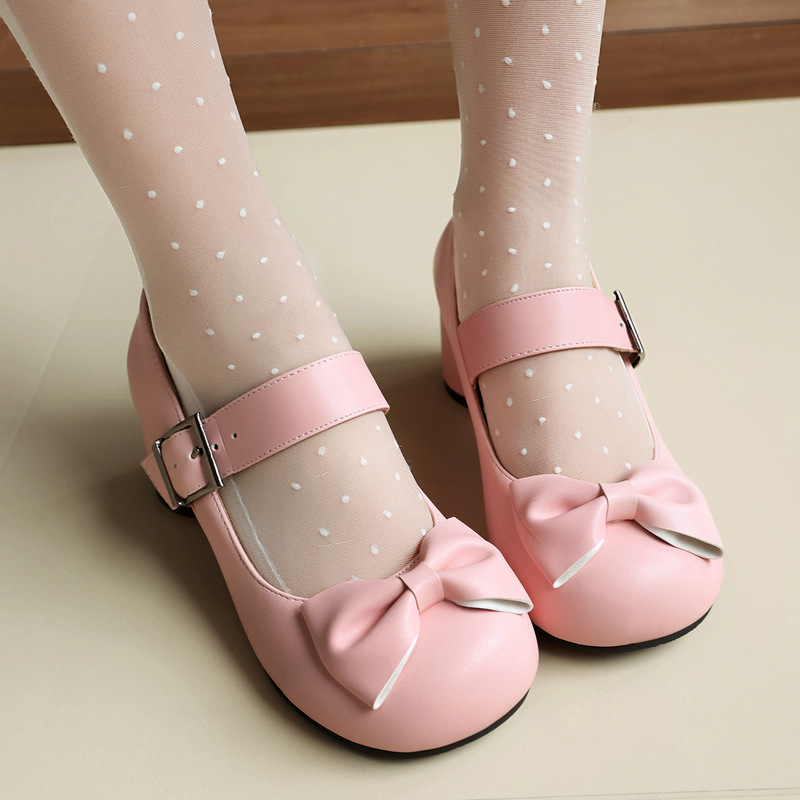 2025 New Cross-border Foreign Single Fashion High-heeled Women's Shoes 32-48 Size Size Buckle Sweet Bow Shoes