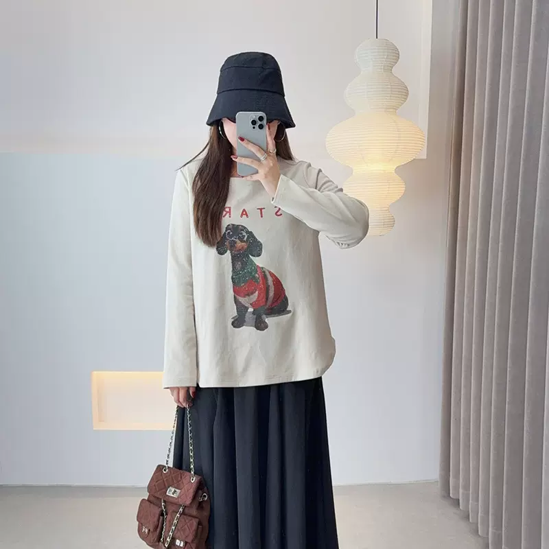 双天2025秋季女款上衣新款胖mm大码女装卡通印花狗狗长袖T恤9158