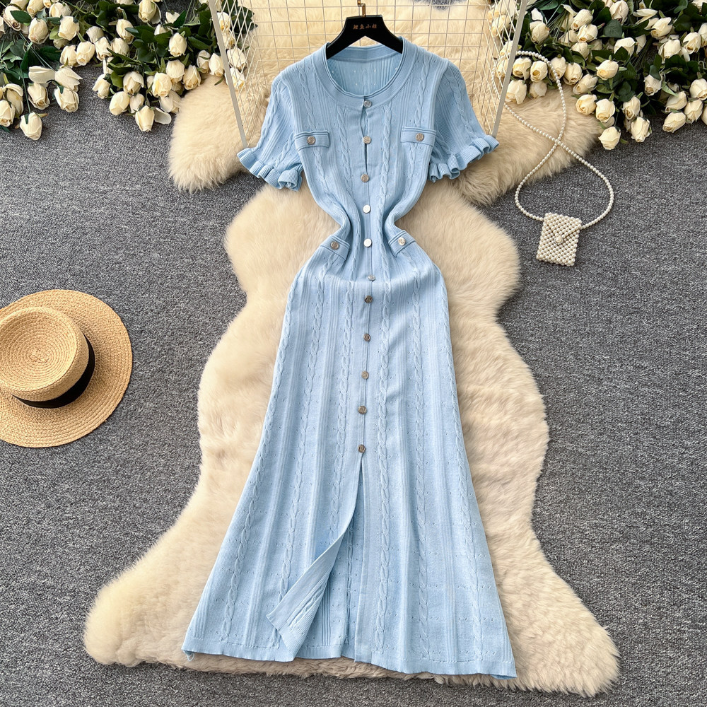 Women's Clothing Elegant Knit Tweed Dress With Front Buttons And Short Sleeves For Women_ecoleips.com