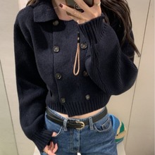 高级感深灰色翻领正肩毛衣外套女2025秋季大码双排扣针织开衫