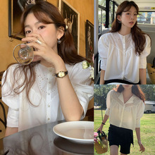 夏韩版少女系重工刺绣镂空小众设计短款娃娃小衫前后两穿短袖衬衫