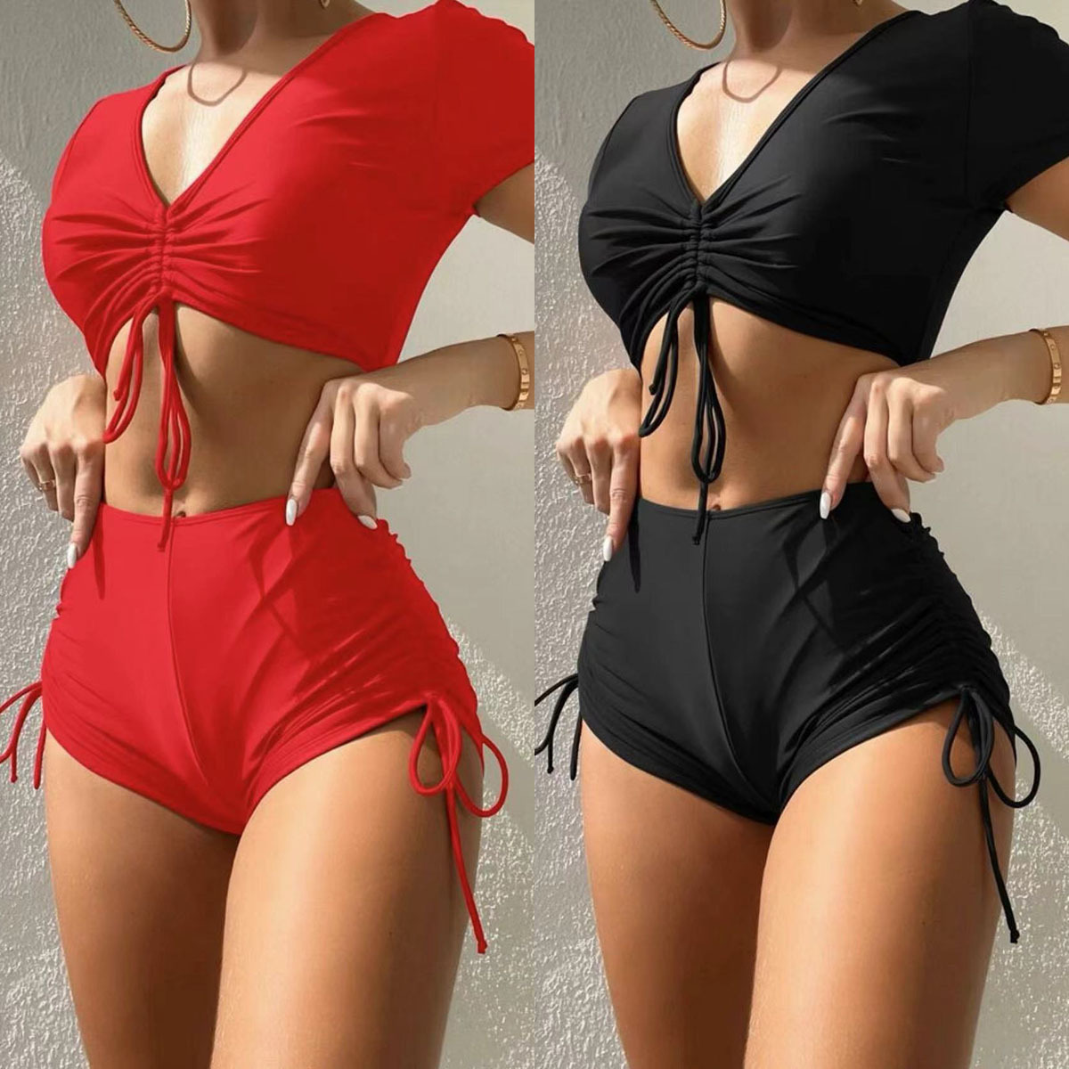 2023 First Sight New Split Swimsuit Cross-Border Bikini European and American Amazon Export Drawstring Two-Piece Swimsuit