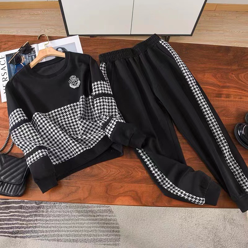 Vêtements pour femmes rétro pied-de-poule couture col rond lâche tricoté mode pantalon de sport décontracté costume deux pièces pour femmes_voghion.com