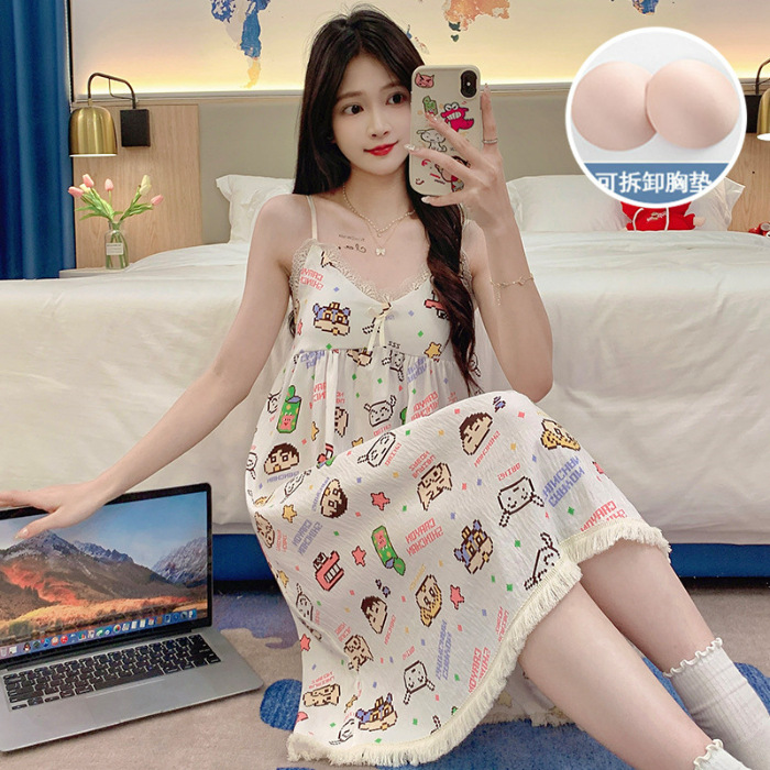 Pijamas de verano de niña cabina larga falda cojín de pecho camiseta ropa casera nubes de algodón dulce ropa casera