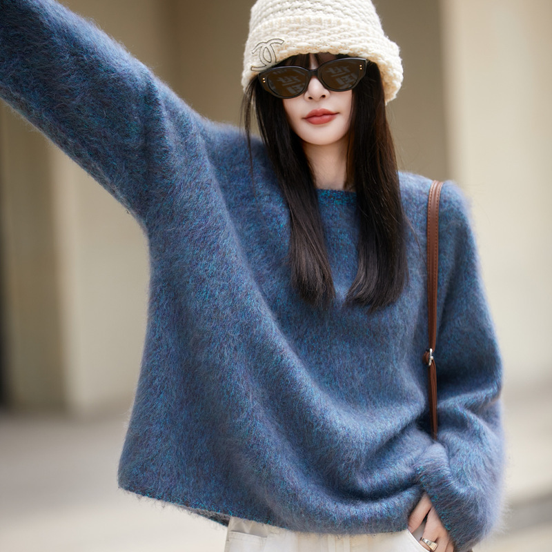 法式无缝花纱拉绒羊毛衫女宽松慵懒毛衣2025秋冬打底衫女装上衣|undefined