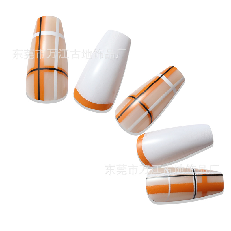 Adult 24 Pieces Medium Ballet Nails Plaid Pattern French Printed Nails Custom Nail Source Factory