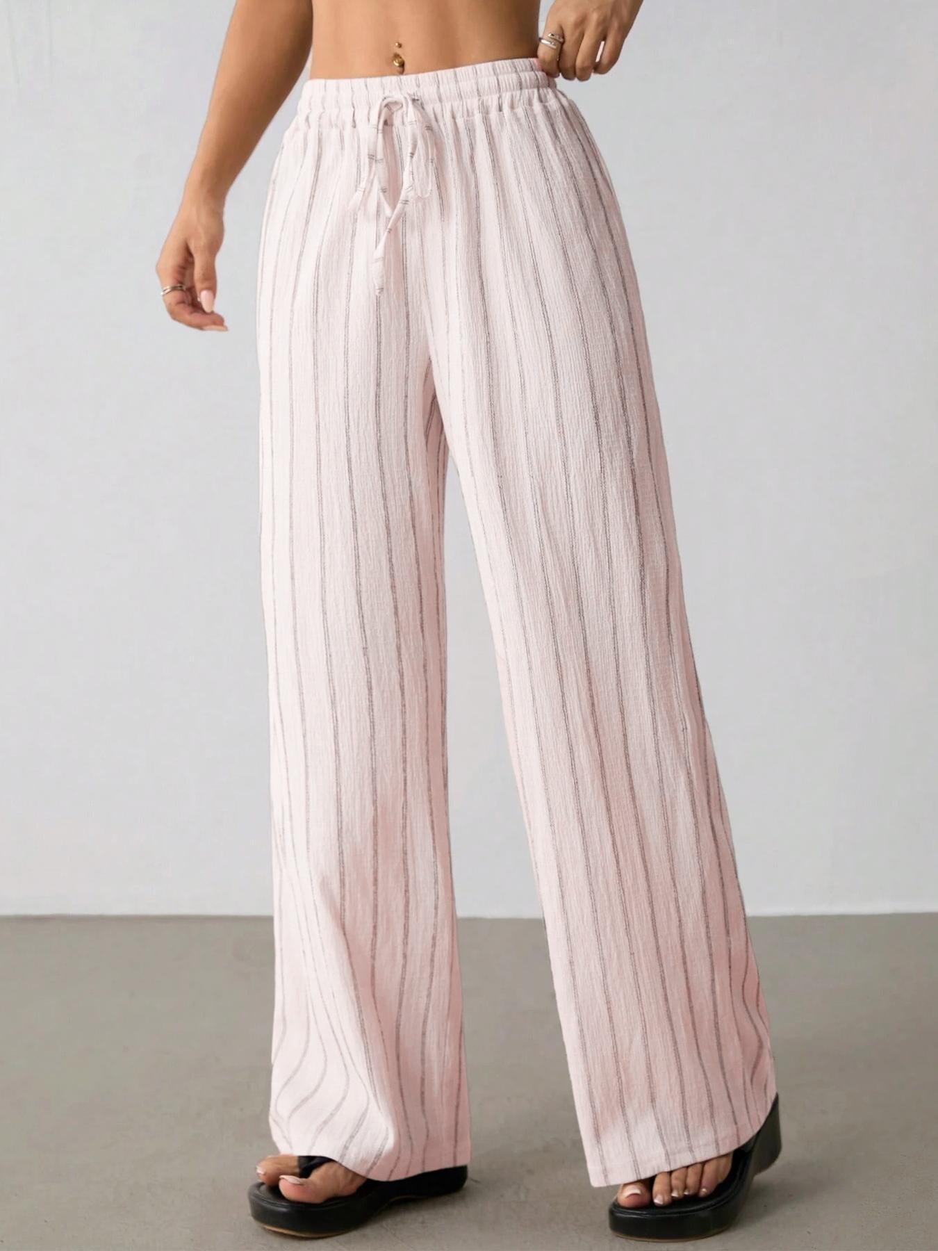 Damen Freizeithose Locker Gestreift Mit Elastischem Kordelzug_voghion.com