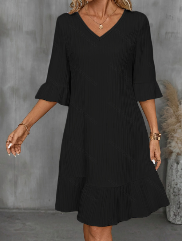 2025夏季新款亚马逊跨境欧美纯色V领喇叭袖中长裙连衣裙女装