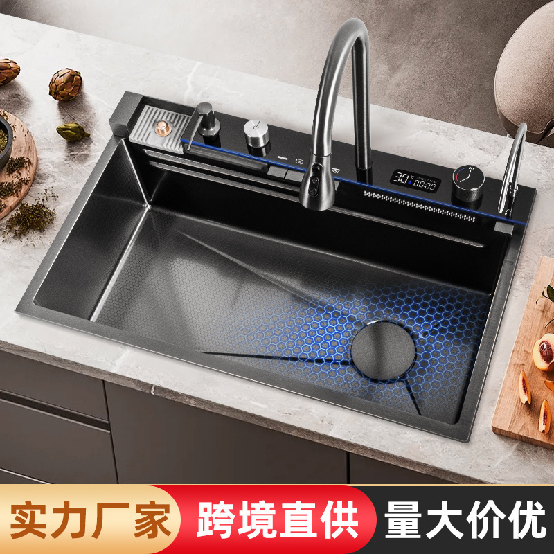 Thickened Kitchen Digital Display Whale Raindance Sink Large Single-Slot Waterfall Nano Honeycomb Vegetable Washing Basin Stainless Steel for Home Use