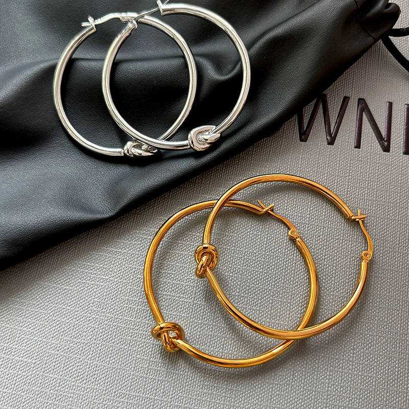 European American French-style Knotted Metal Silver Large Plain Circle For Women, Light Luxury, High-end, Unique And_voghion.com