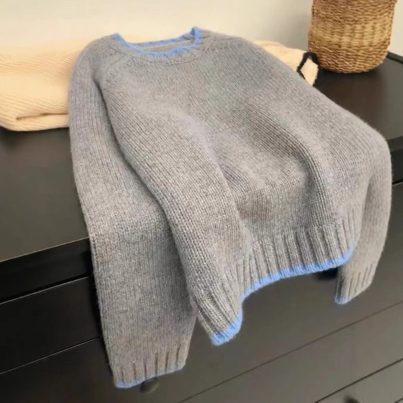 European Heavy Wool Sweater for Women in Autumn and Winter Thick Loose Soft Waxy Color-Blocked Round Neck Short Wool Knitted Bottoming Sweater European Heavy Wool Sweater for Women in Autumn and Winter Thick Loose Soft Waxy Color-Blocked Round Neck Short Wool Knitted Bottoming Sweater