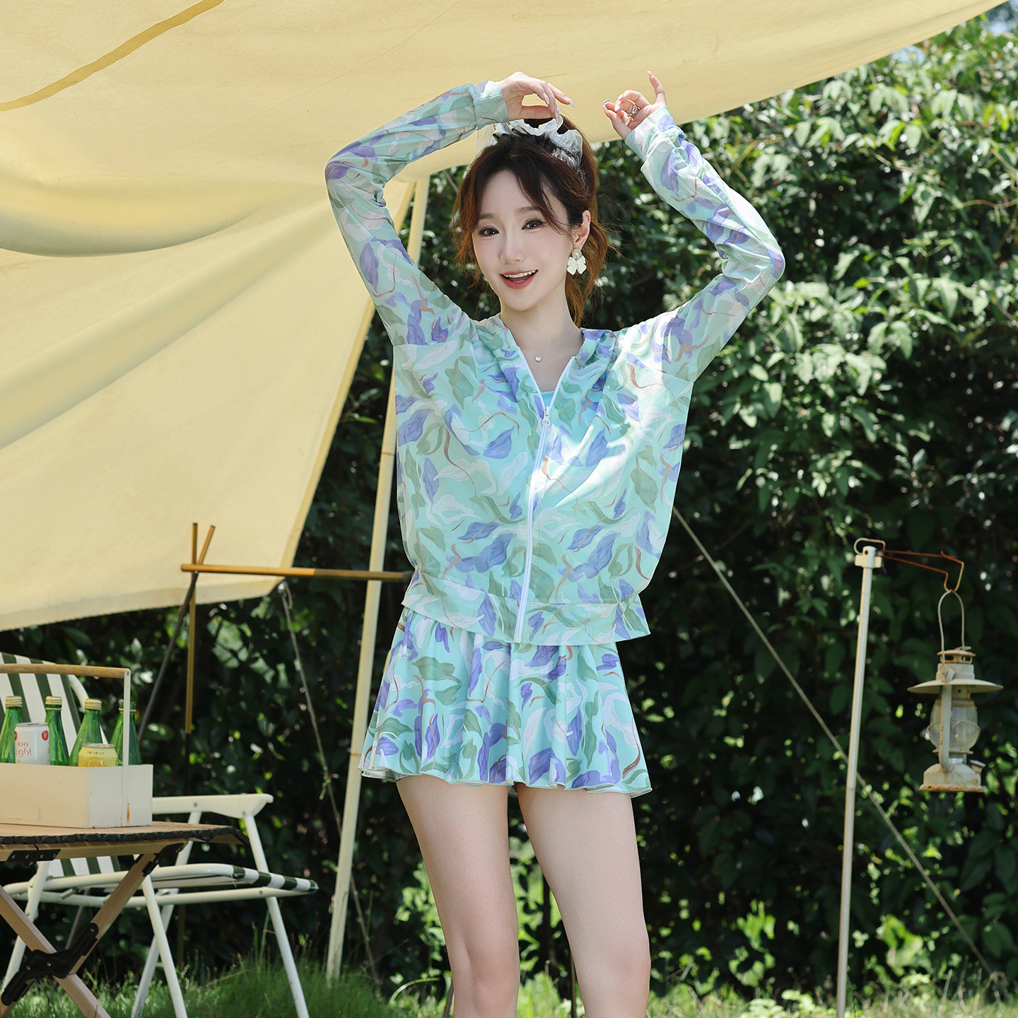 Women's three-piece swimsuit for hot springs, long-sleeved, sun-protective, slimming, tummy-covering, conservative, separate-piece, with a loose-fitting cover-up and boxer shorts