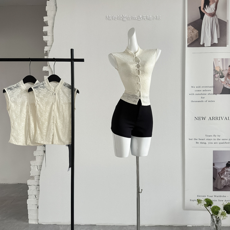 Light Coffee/Beige Lace Collar Slightly Sheer Sleeveless Blouse with Slim Fit and Hollow-Out Design, New Chinese Style Top Shirt Light Coffee/Beige Lace Collar Slightly Sheer Sleeveless Blouse with Slim Fit and Hollow-Out Design, New Chinese Style Top Shirt