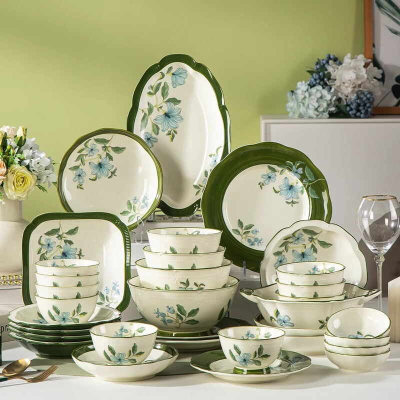 Underglaze Colored Ceramic Yuejin Zhiyue New Bowl and Plate Set for Home Use, Nordic Style Green Floral Tableware, Rice Bowls and Plates