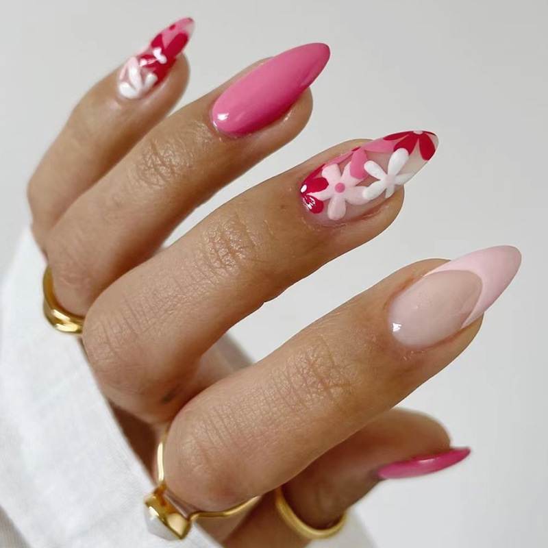 Unhas postiças florais rosa estilo instagram para mulheres_voghion.com