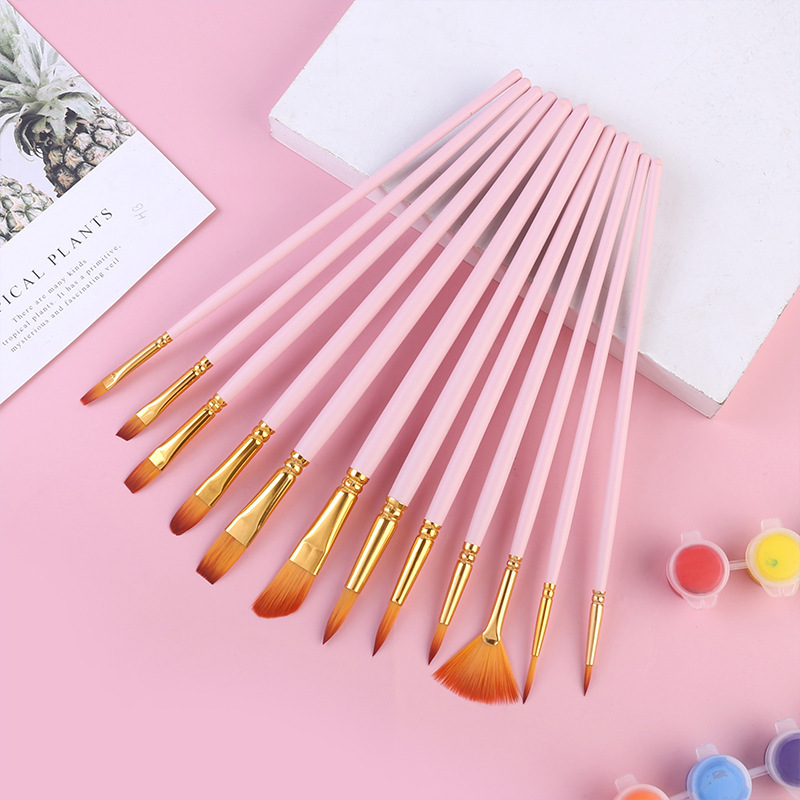 Cross-border nylon wool watercolor oil painting brush 12 piece set children's painting brush macaron color diy oil painting brush