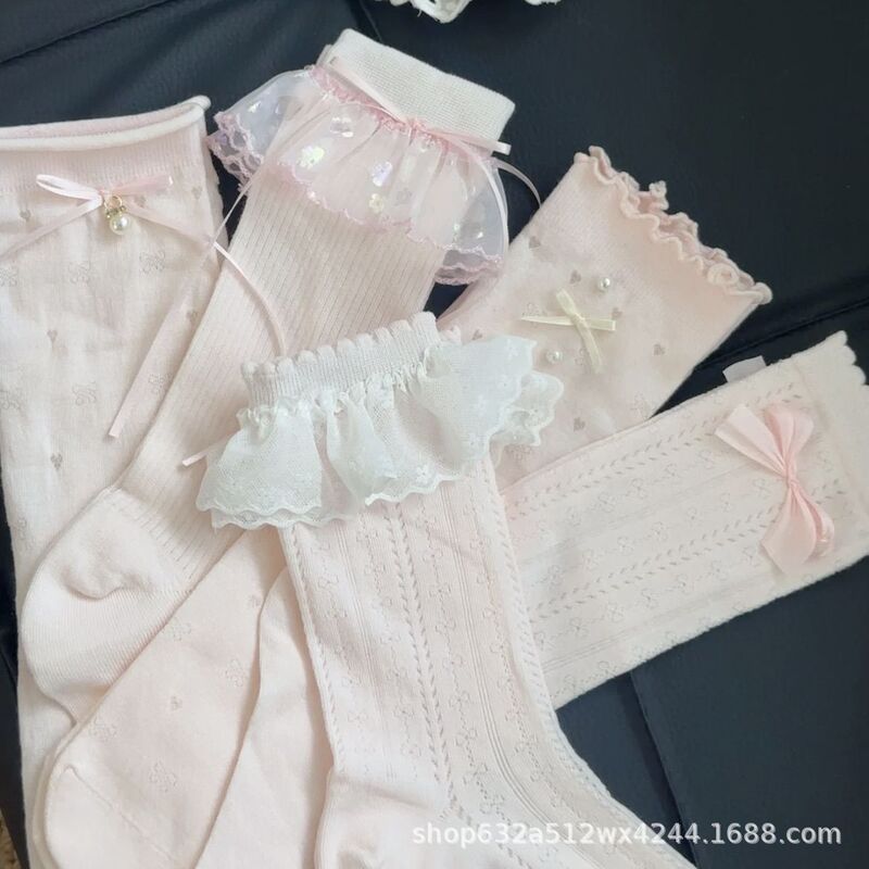 春夏粉色系少女粉可爱ins堆堆袜甜美镂空蝴蝶结花边公主袜日系|undefined