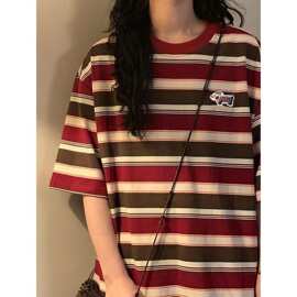 广州原版面料棉 螺纹领口 后包边 条纹刺绣小狗短袖恤情侣女