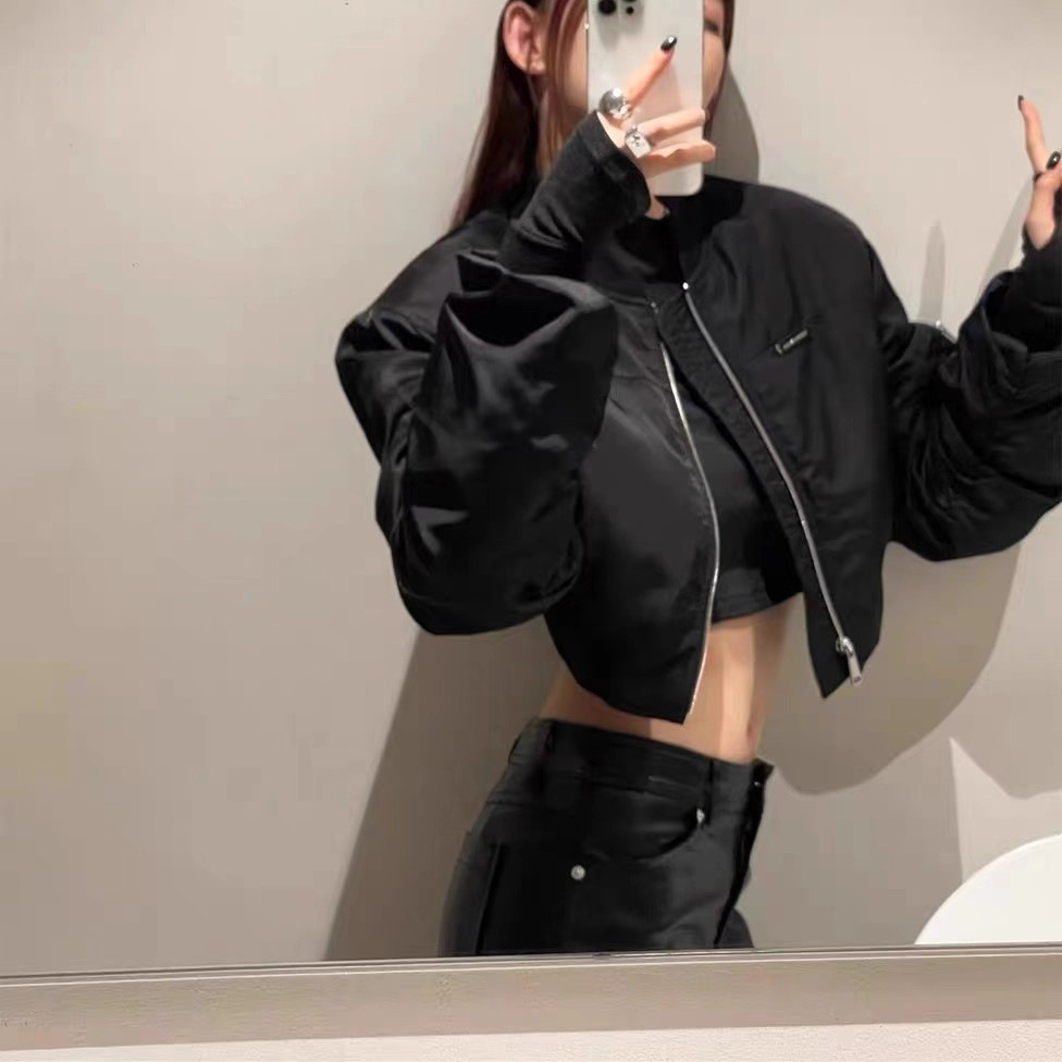 2025 Autumn New Korean Style Design Puff Sleeve Jacket Women's Padded Shoulder Short Motorcycle Jacket Baseball Uniform