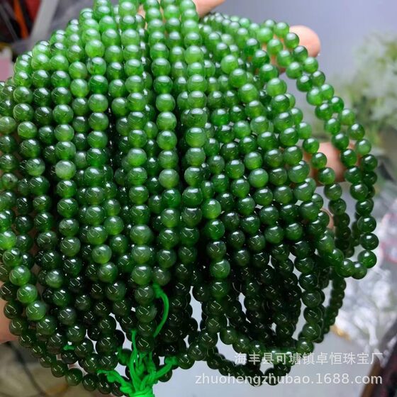 Raw ore Russian Hetian Jasper 6m108 beads bracelet spinach green belt slightly Black Point ice transparent cost-effective