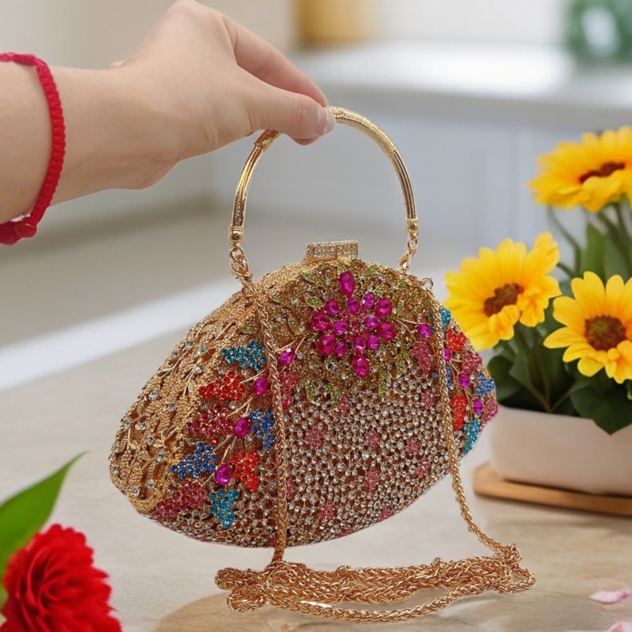 Túi clutch dạ hội đính kim cương hoa tử đằng phong cách Âu Mỹ — Màu vàng kim, Vàng AB, Đế vàng kim cương, Xanh nước hồ