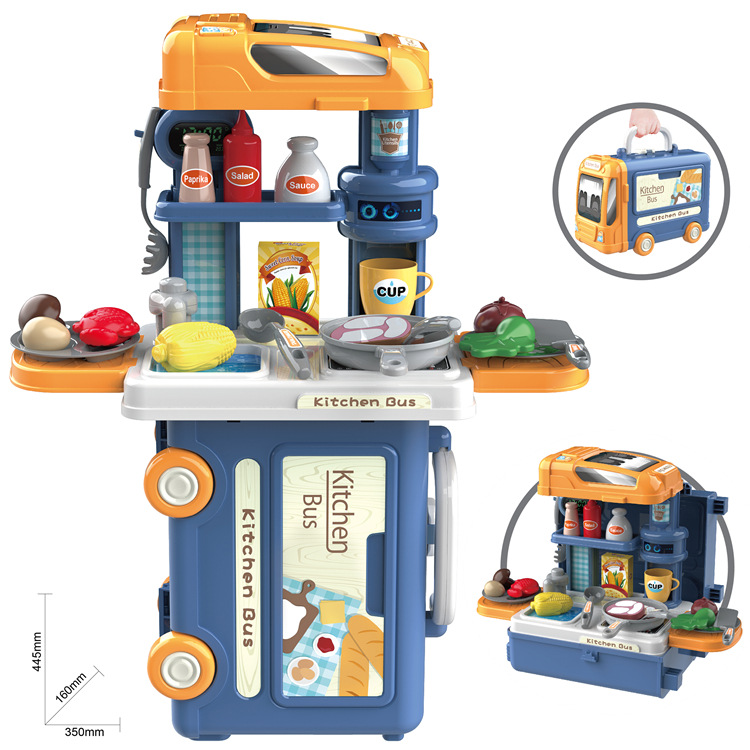 Simulación de niños transfronterizos 3-en-1 autobús cocina vajilla herramientas de maquillaje juego de juego casa maleta doctor juguete
