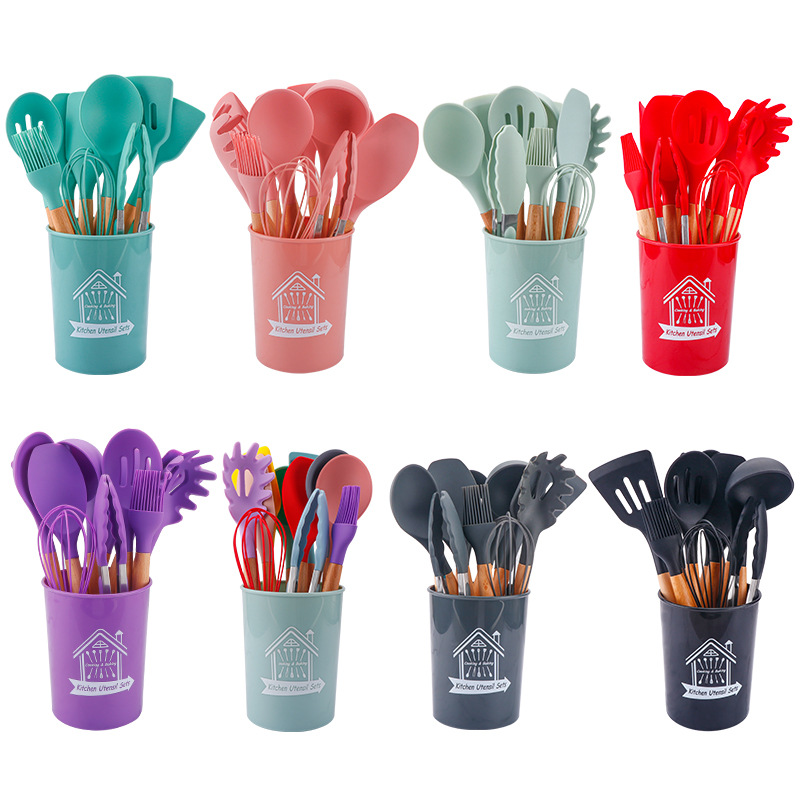 Storage barreled wooden handle silicone kitchenware 12-piece silicone kitchenware set non-stick pot, spatula and spoon set