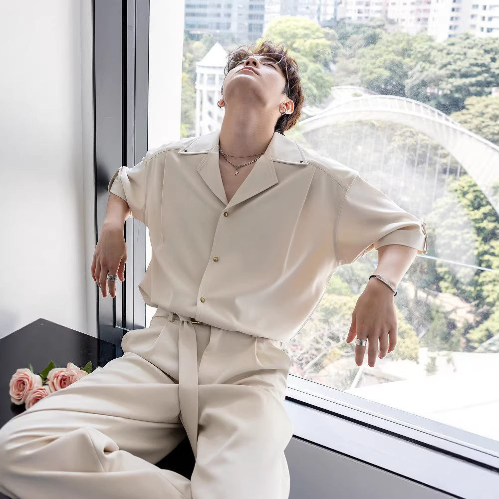 Korean-Style Summer New Suit with a Casual Luxury Feel, Men's Cuban Short-Sleeve Shirt Set with a Trendy and Loose Design