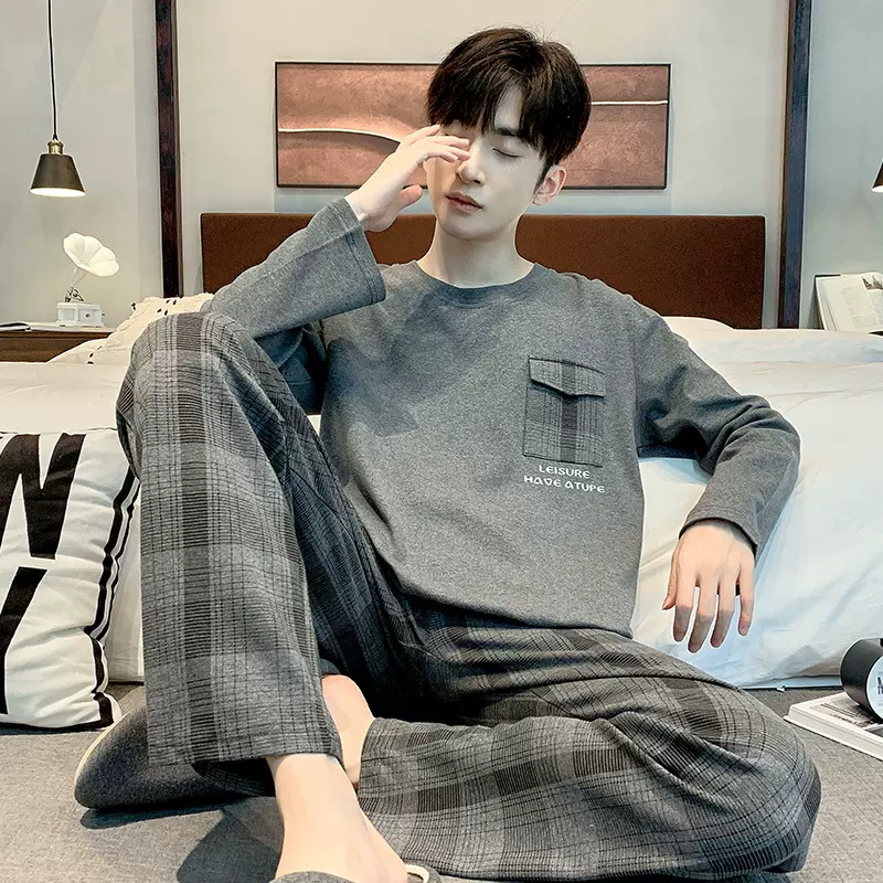 现货新款睡衣男士秋季棉质长袖家居服圆领减龄青年学生可外穿套装