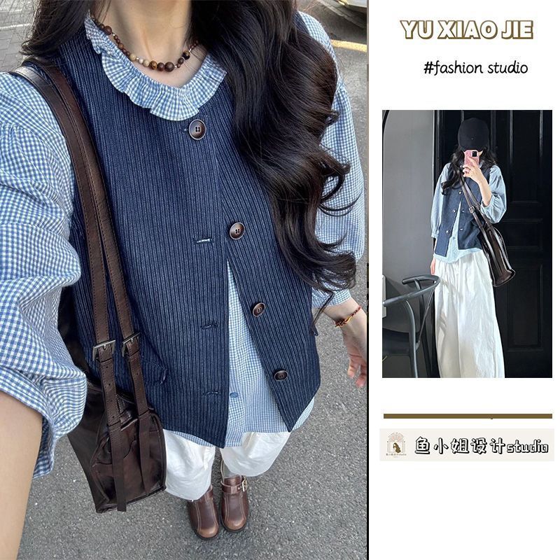 韩版学院风复古蓝色牛仔马甲外套女学生搭配长袖格纹衬衫两件套装|undefined