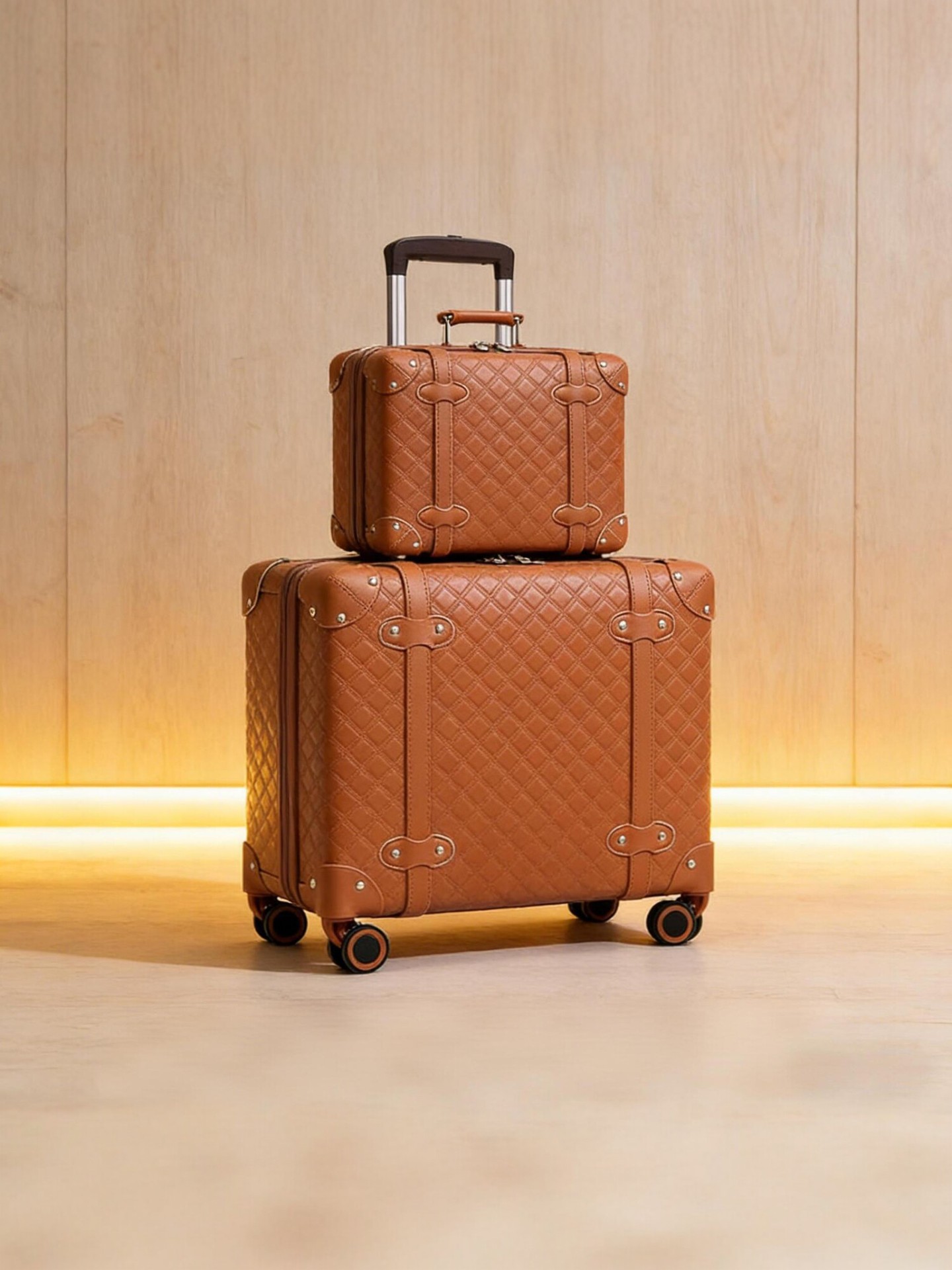 Vali da phục cổ họa tiết caro 20 inch nhẹ kéo tay — Màu caramel