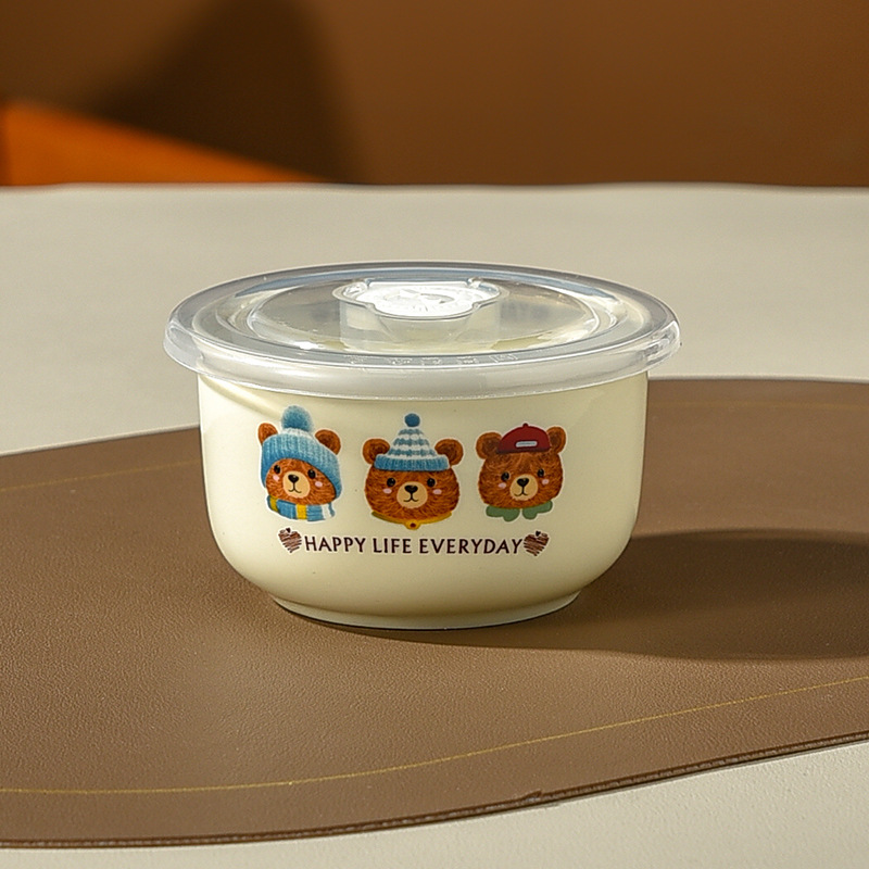 Cuencos de cerámica de tres piezas con cubierta de caja de preservación de microondas sellado de bento para estudiantes de almuerzo de oso grande