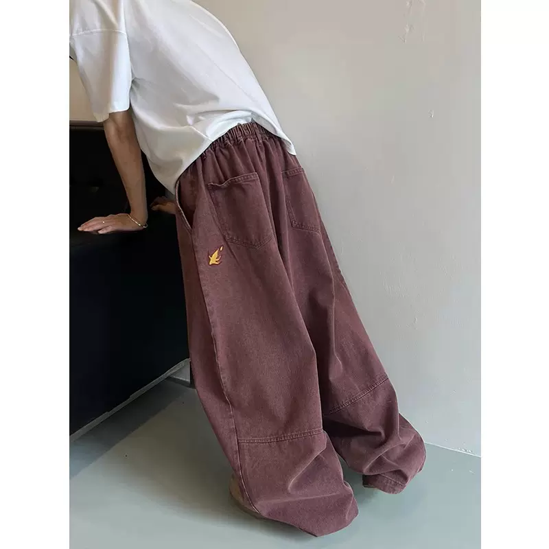 高街潮牌小火焰刺绣廓形牛仔裤男美式复古水洗宽松拖地百搭长裤子