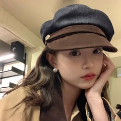 日系复古牛仔拼色报童帽子女秋冬平顶八角帽显脸小鸭舌帽画家帽潮