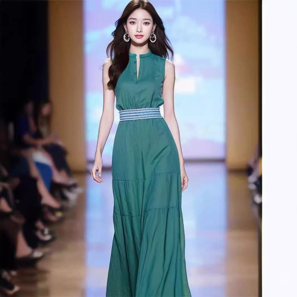Váy liền không tay màu xanh lá tôn dáng thon gọn eo phong cách Yujie tinh tế thiết kế mùa hè — Váy liền không tay màu xanh lá cây