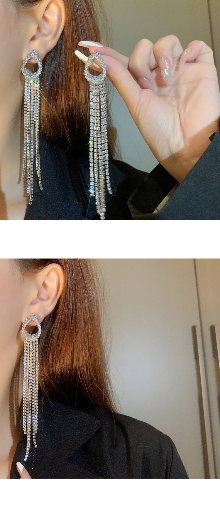 Retro full diamond long tassel earrings for women in Europe and America, exaggerated temperament, earrings, high-end feeling, light luxury earrings_voghion.com