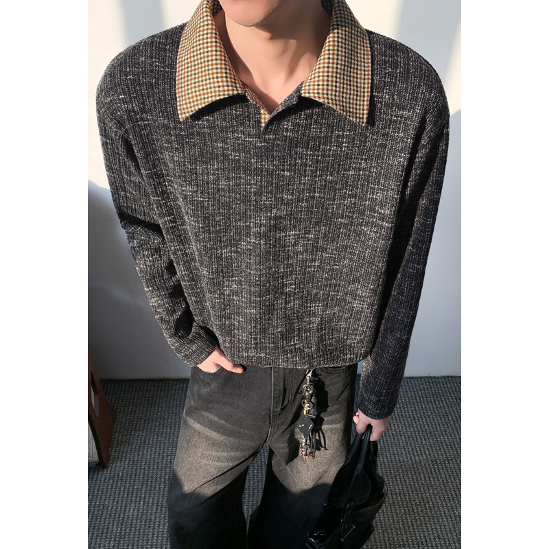 Dwuczęściowa koszulka w kratę z długim rękawem w stylu Old Money dla mężczyzn, edycja wiosenna, modny design marki, warstwowa koszulka polo_voghion.com