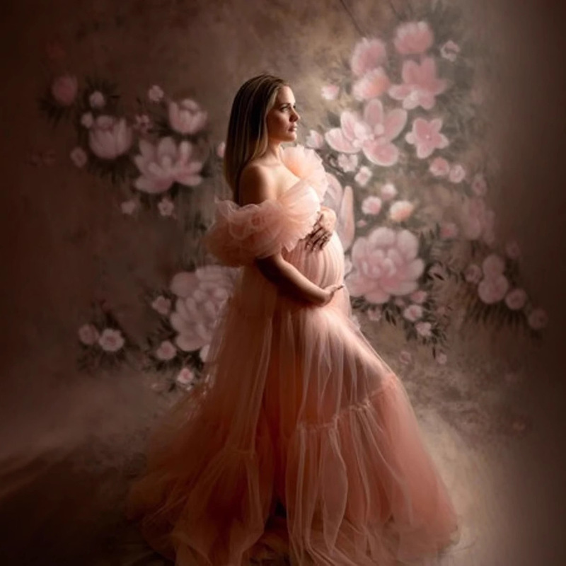 Coral Tulle Maternity Dress Layered Ruffled Baby Shower Dress For Photo Shot Tulle Robe Pregnant