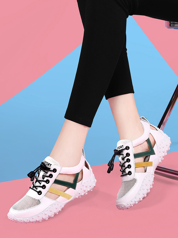 Sandal da mềm nữ bít mũi đế bằng chống trượt thoáng khí mùa xuân hè — LJ 58116 mét nâu rỗng, JST 1111 trắng xanh lá rỗng, LJ 1070 mặt lưới trắng, LJ 1062 rỗng trắng và đen chi tiết 3
